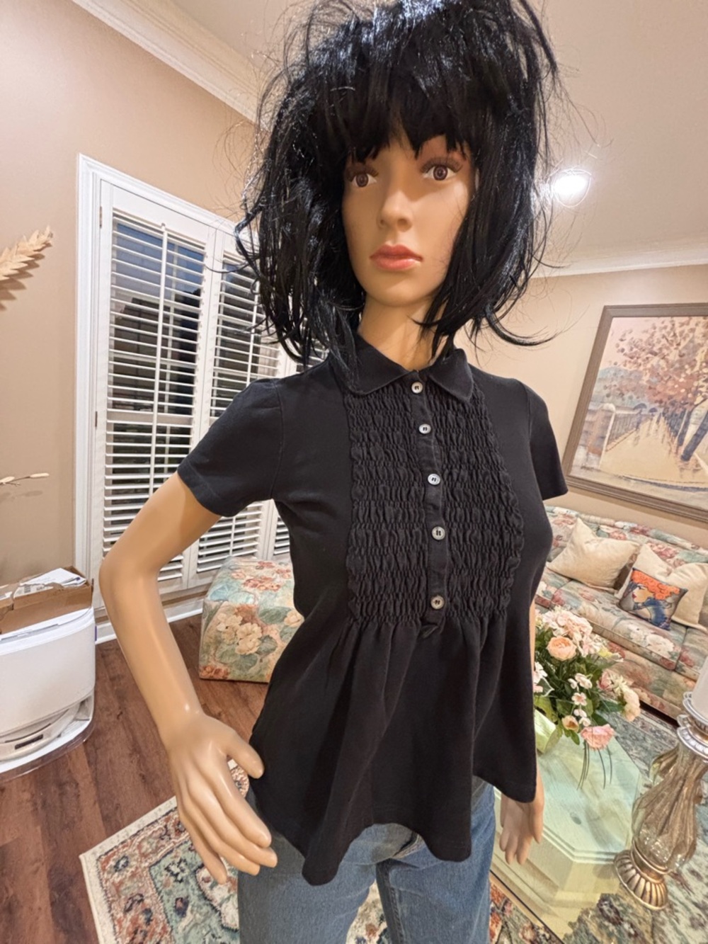 Burberry Black Short-Sleeve Smocked Peplum Blouse